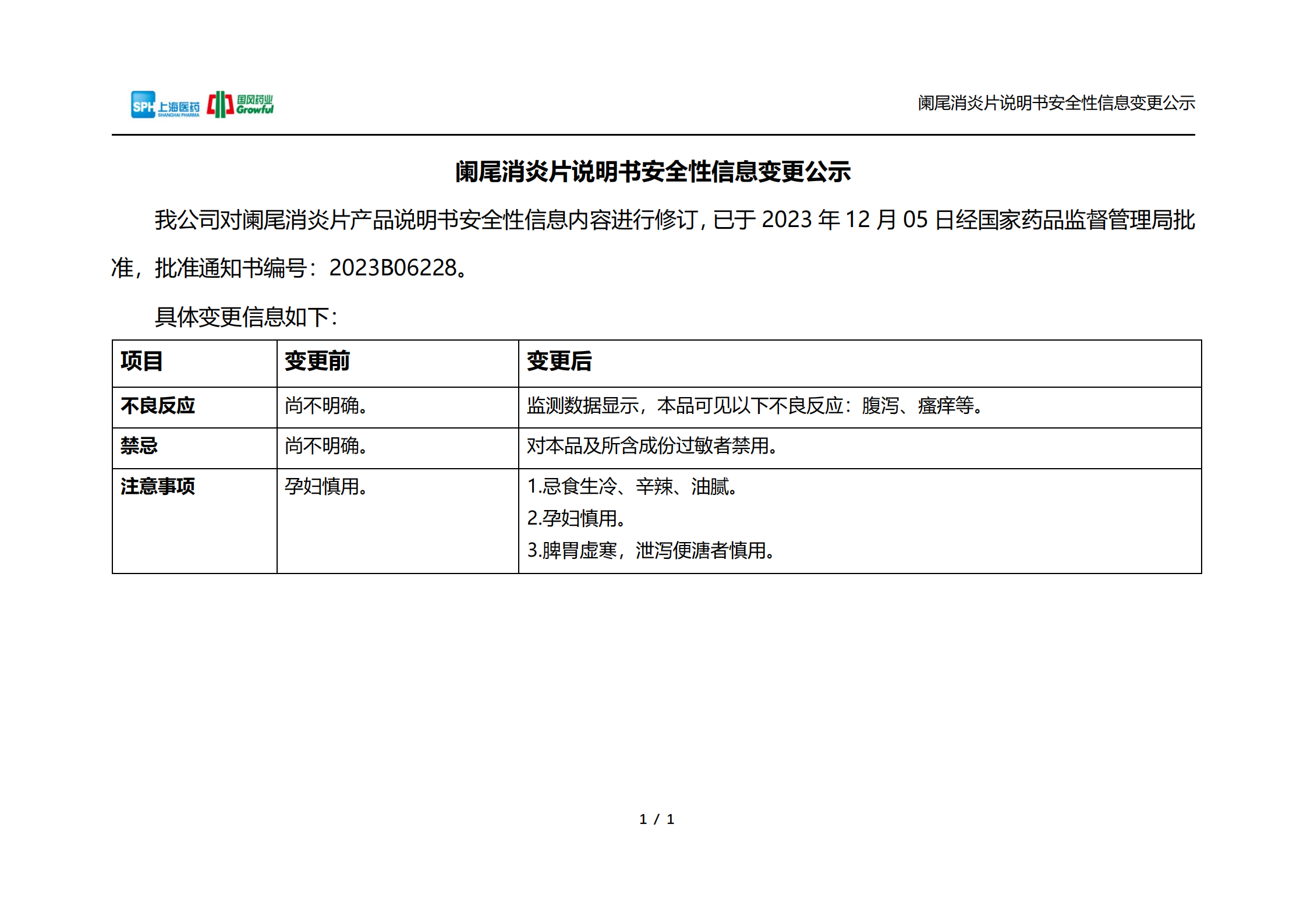 阑尾消炎片说明书安全性信息变更公示