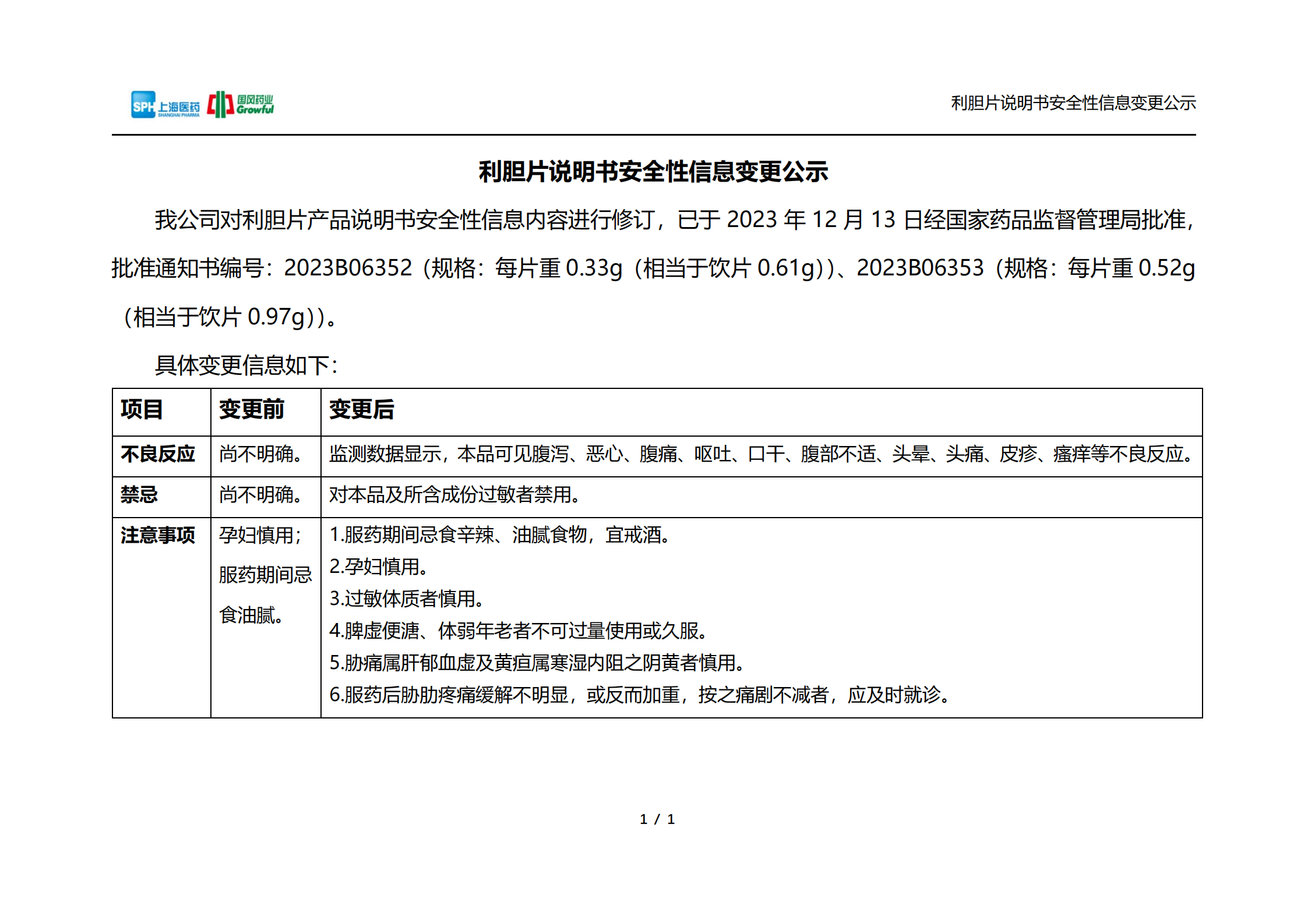 利胆片说明书安全性信息变更公示