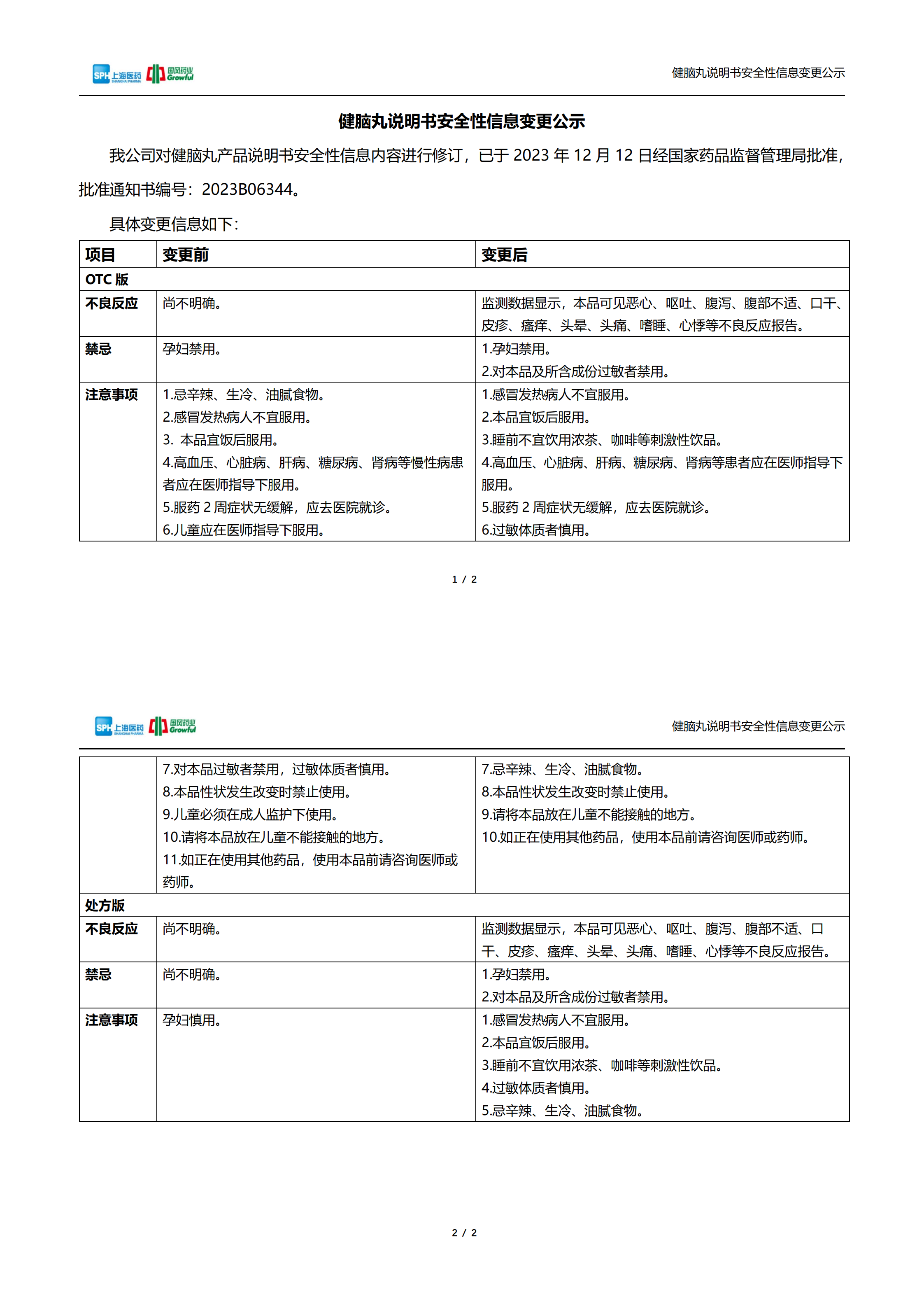 健脑丸说明书安全性信息变更公示