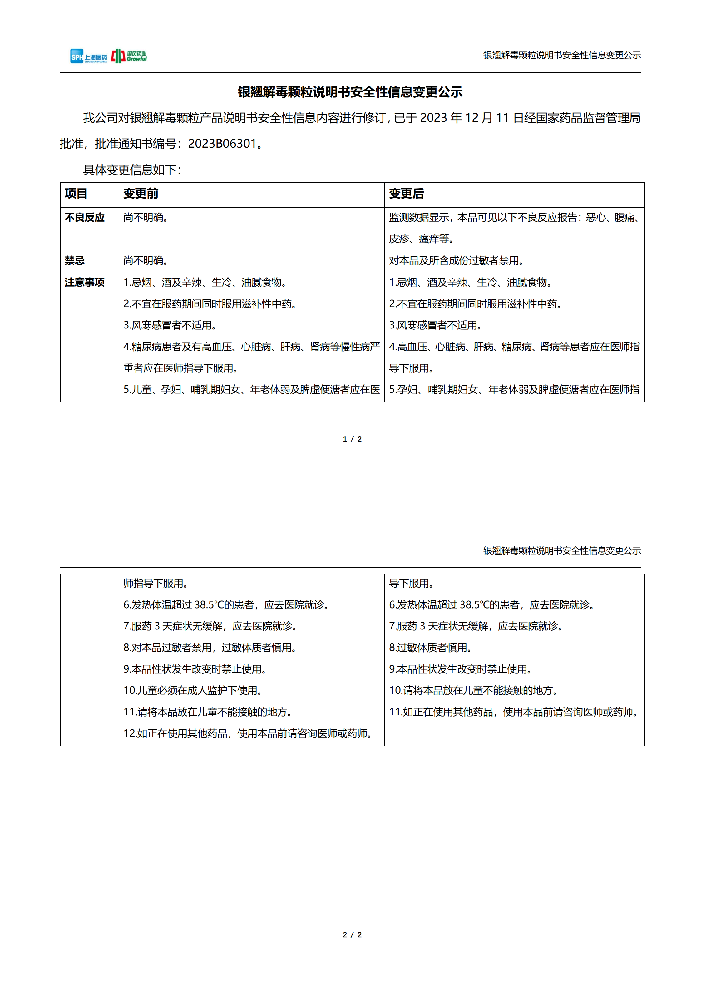 银翘解毒颗粒说明书安全性信息变更公示